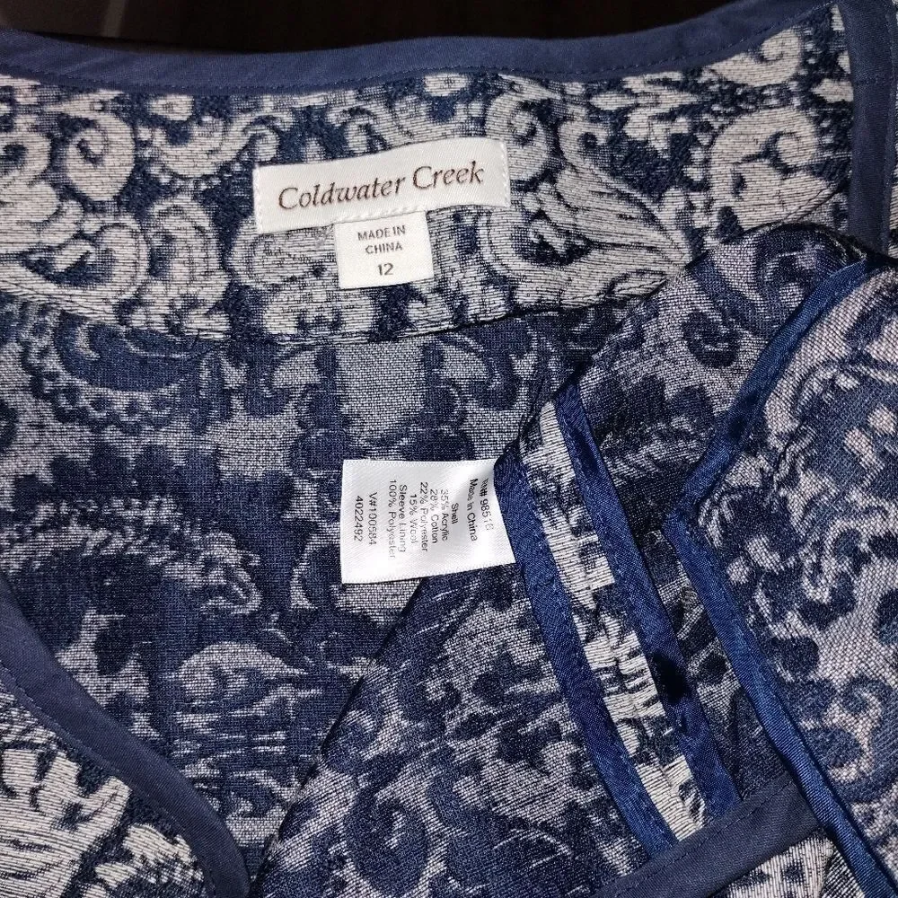 Women's ColdWater Creek Navy Blue Damask Tapestry Open Front Jacket Size 12